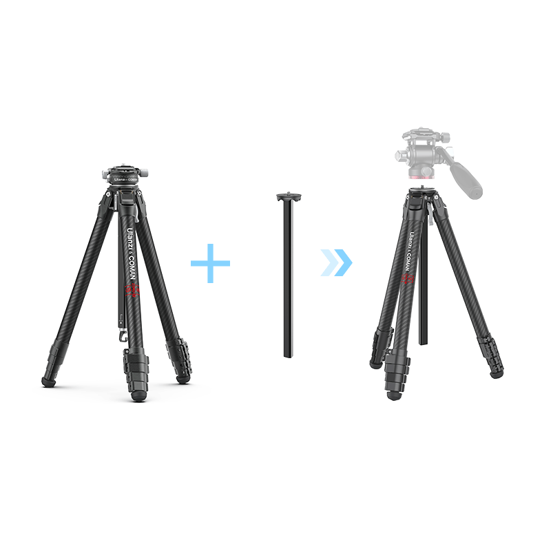 Ulanzi COMAN travel tripod assembly with center column and ball head, black carbon fiber.
