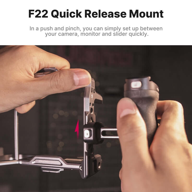 Falcam F22 Quick Release Mount demonstration, quick setup for camera, monitor, and slider.
