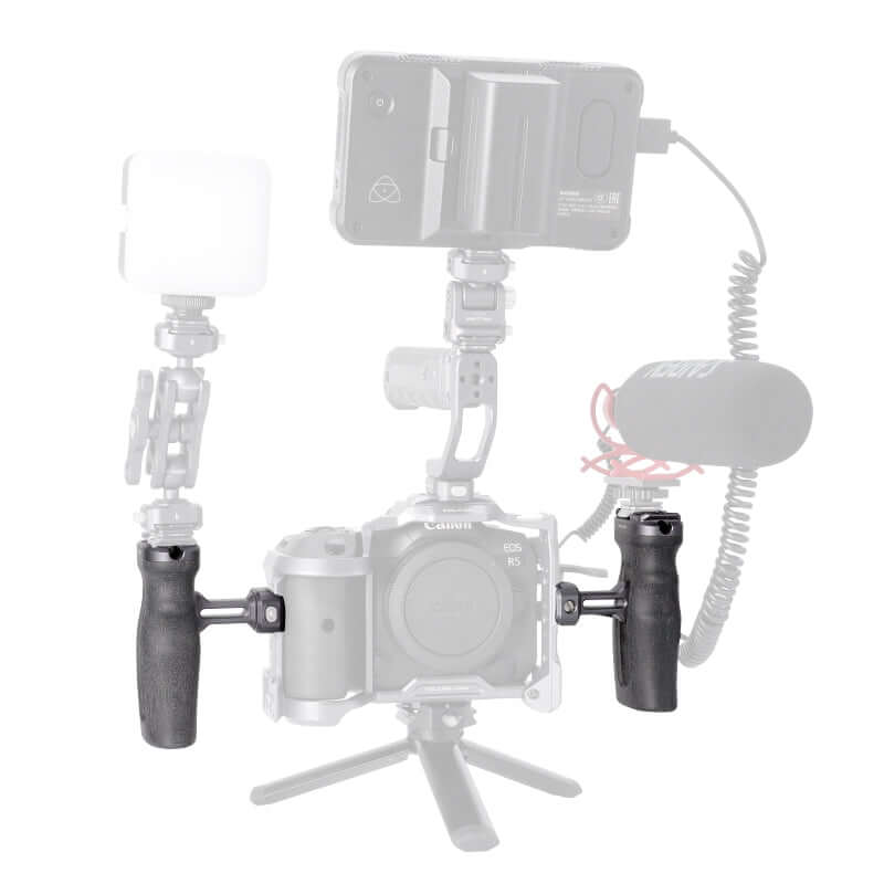 Ulanzi Falcam F22 Quick Release Side Handle attached to camera cage, Canon EOS R5, Micarta handle.