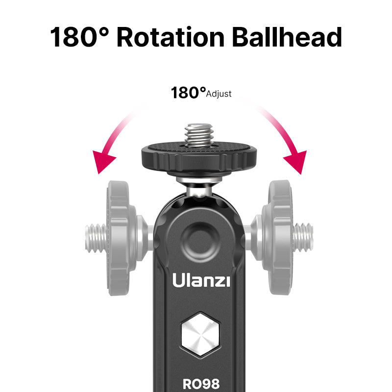 Ulanzi R098 Double Ball Head, 180 degree rotation and adjustment, black with cold shoe mount.
