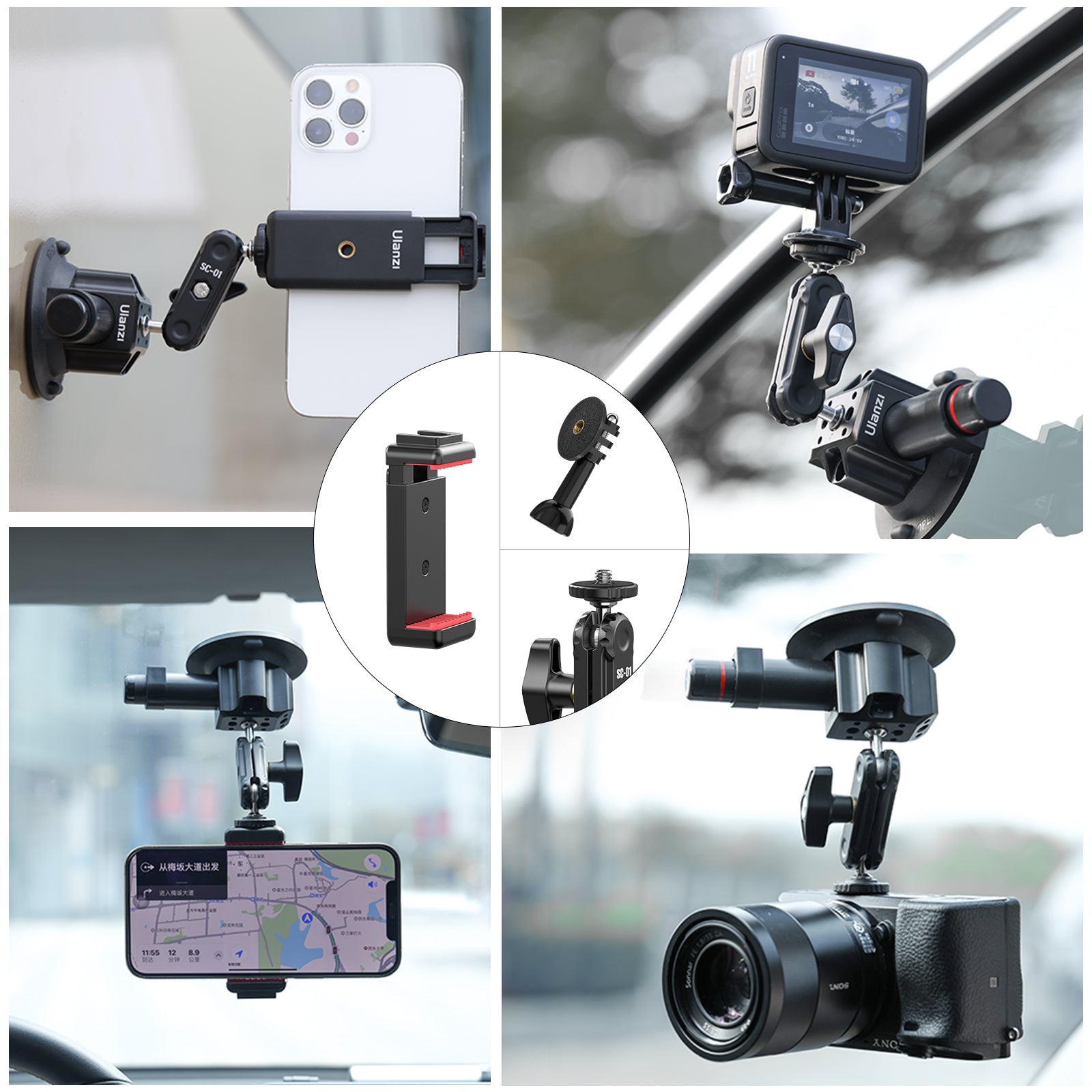 Ulanzi SC-01 Strong Suction Cup Mount, holding phone and action cameras, 360° adjustable.