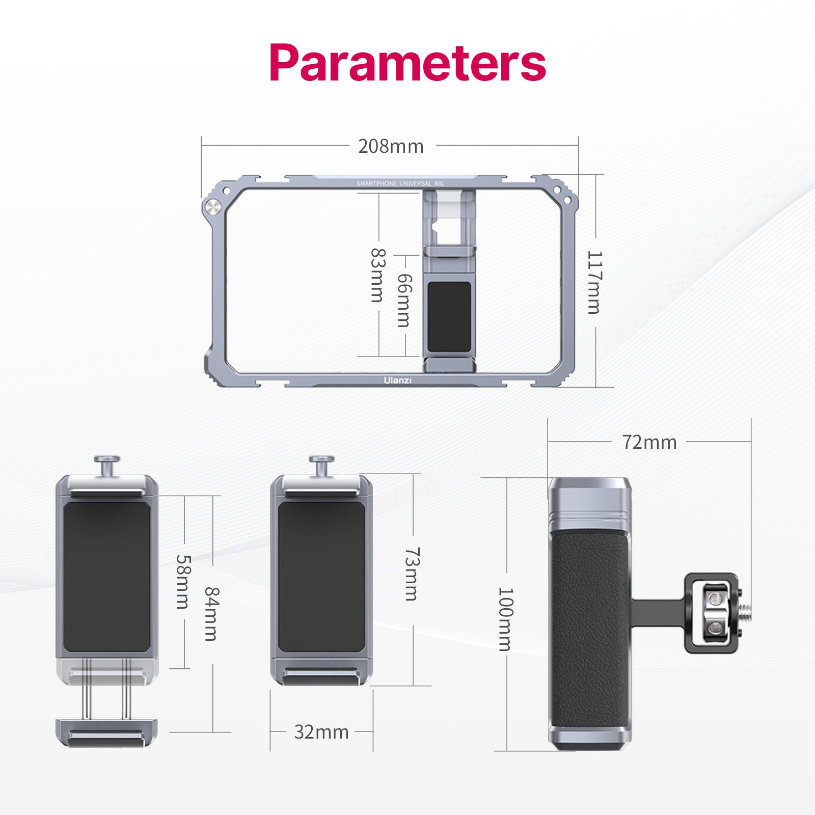 Ulanzi 3127 Phone Video Rig dimensions, including size of rig, phone holder, and handle.