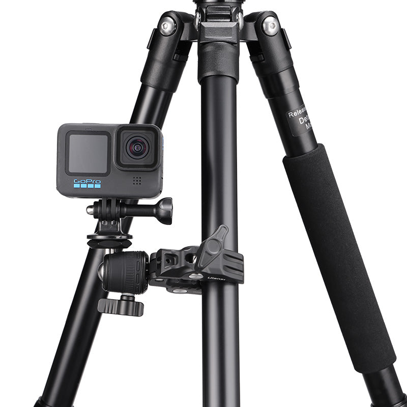 Ulanzi R099 Clamp Mount holding GoPro camera on black tripod with adjustable ball head.