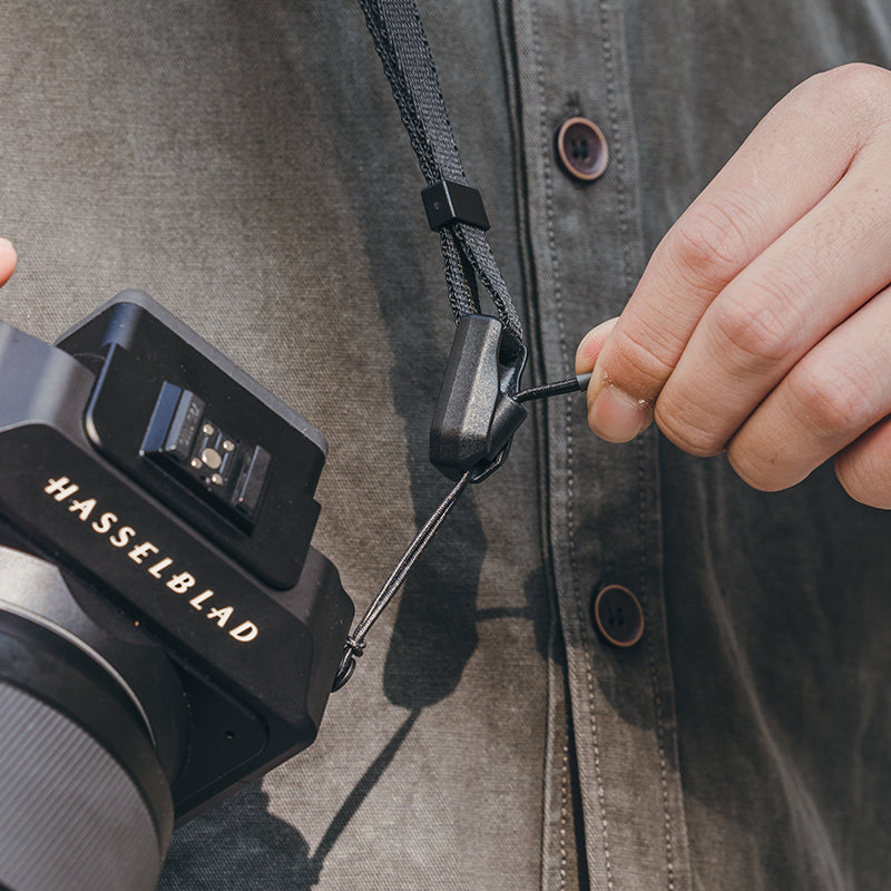 Ulanzi Falcam Maglink Mini buckle connecting to Hasselblad camera strap, black color.