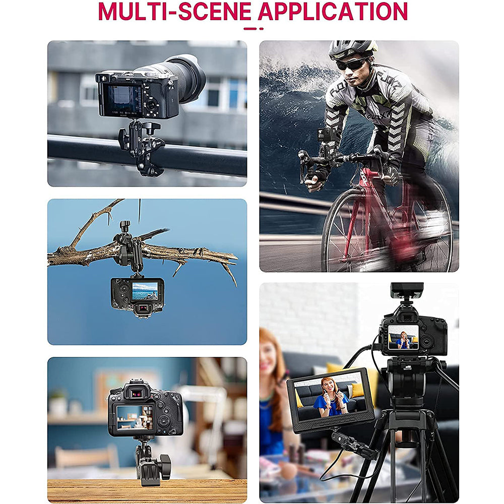 Ulanzi R094 Super Clamp applications: camera on bike, tree, railing, tripod, and DSLR.