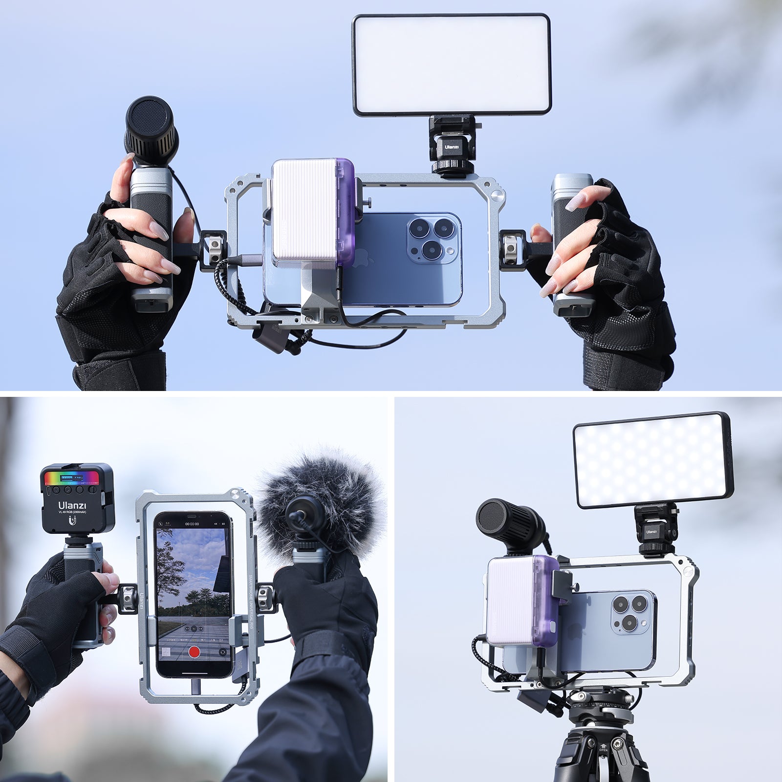 Ulanzi 3127 Phone Video Rig with microphone and LED light, aluminum cage for vlogging.