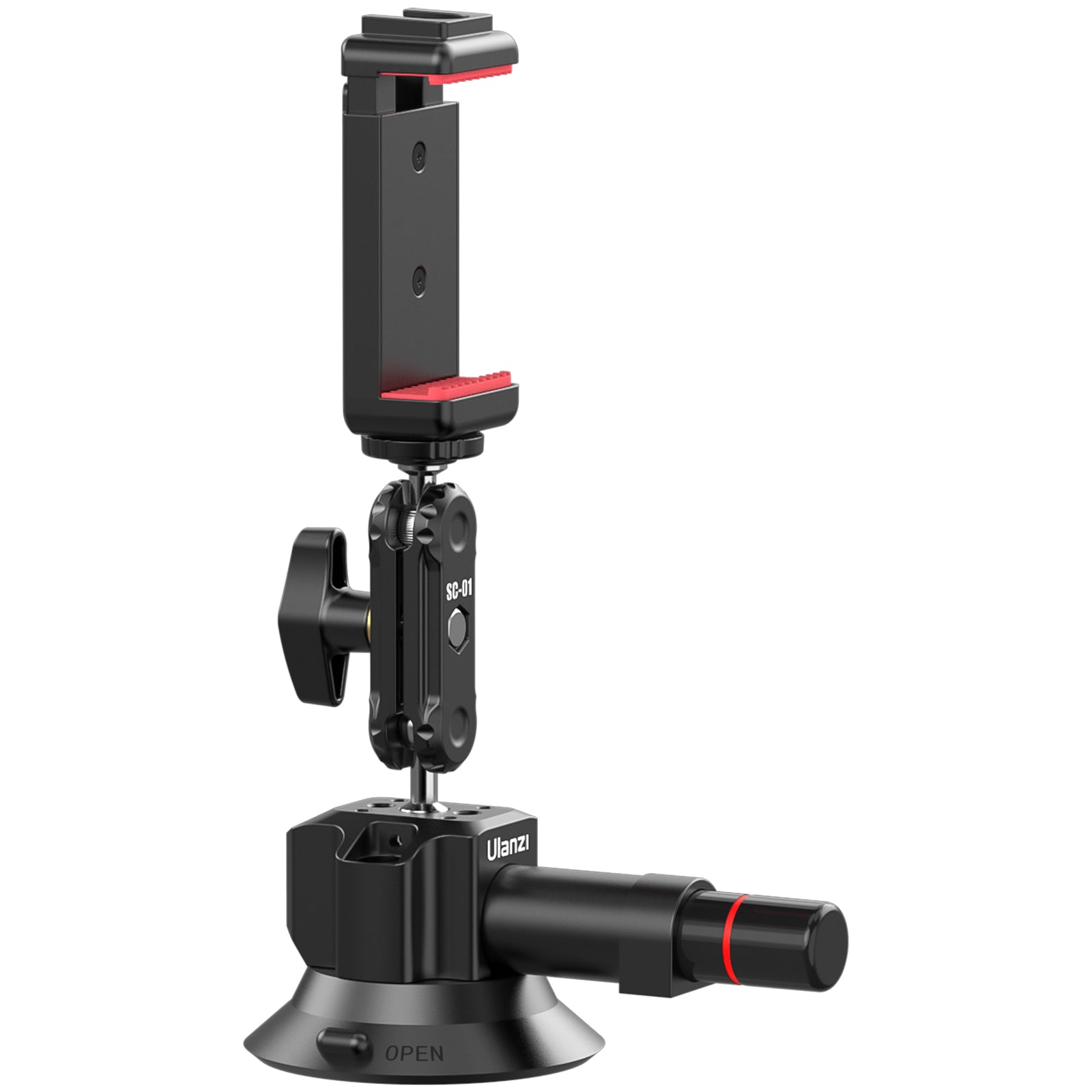 Ulanzi SC-01 Strong Suction Cup Mount, black with red accents, for car and action cameras.