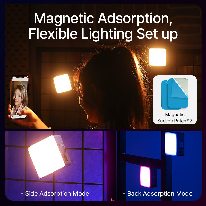 Ulanzi VL49 Pro RGB Mini LED Light showing magnetic adsorption and flexible lighting.