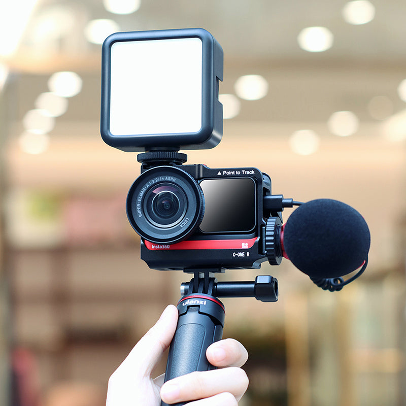 Ulanzi VL81 LED Video Light on Insta360 camera with microphone, perfect for vloggers.
