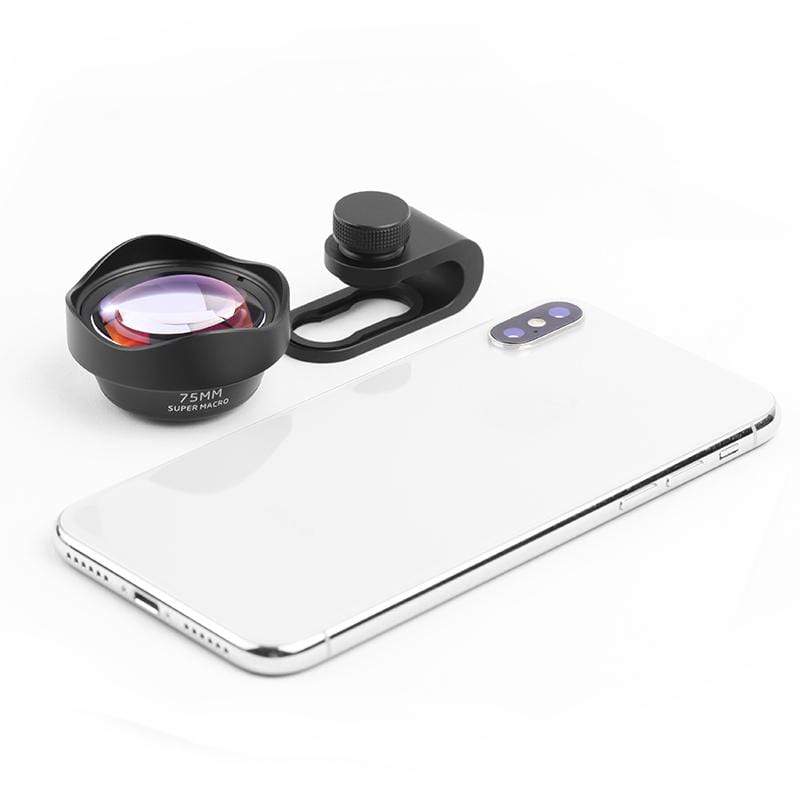 Ulanzi 75mm Super Macro Phone Lens with smartphone, close-up macro photography accessory.