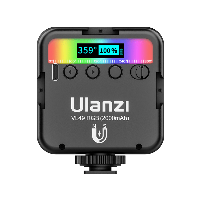 Ulanzi VL49 Mini RGB Light, showing display and controls, perfect for video content creation.