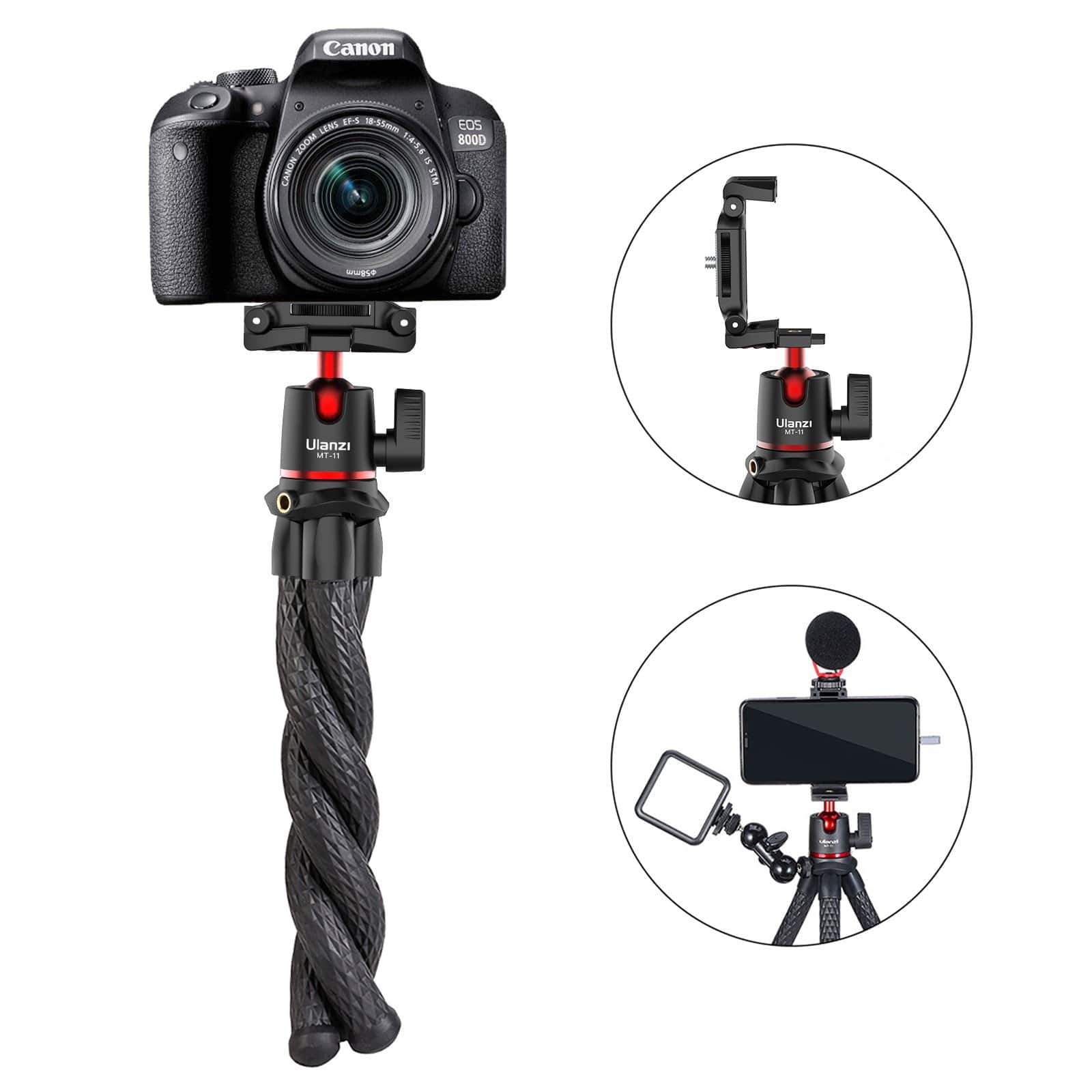 Ulanzi MT-11 Octopus Tripod holding a Canon DSLR camera, also holds smartphone and accessories.