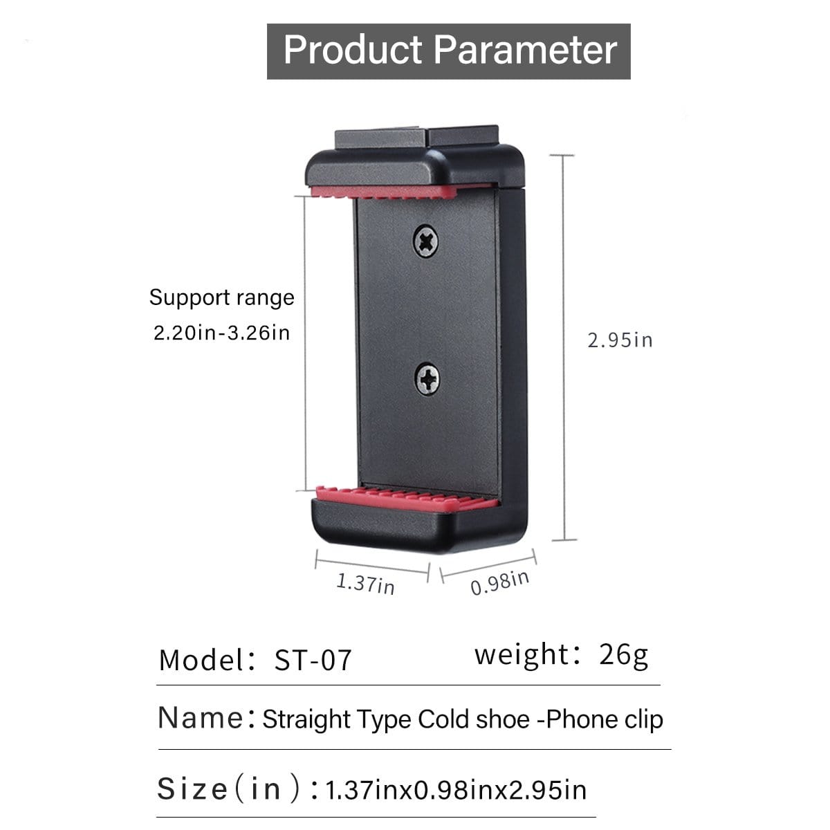 Ulanzi ST-07 phone clip with dimensions and support range, for vlog smartphone tripod mount.