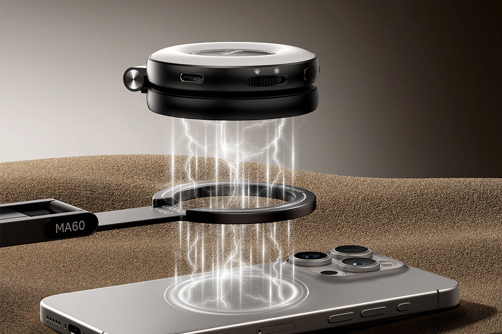 A magnetic tripod mount hovering over a smartphone with glowing energy lines illustrating the strong magnetic bond.
