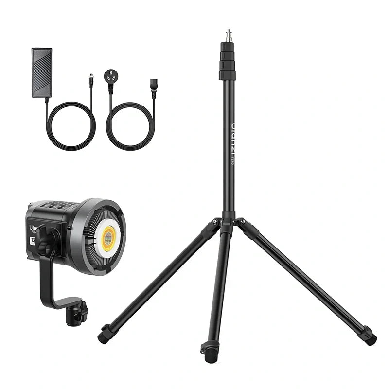 Ulanzi 120W Bi-color / RGB V-Mount Video Light Bundle - Ulanzi 120W bi-color video light bundle with V-mount, tripod, power adapter, and cables.