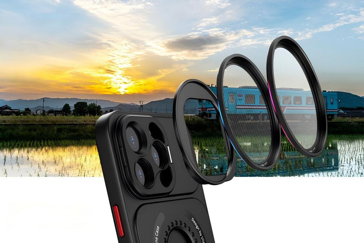 A smartphone with magnetic camera lens filters floating above it, capturing a scenic sunset.