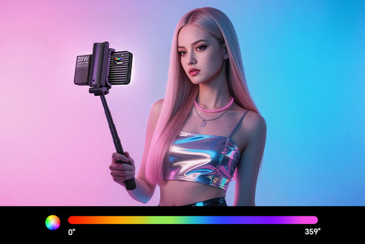 Person holding a selfie stick with an LED light panel, colorful gradient background.
