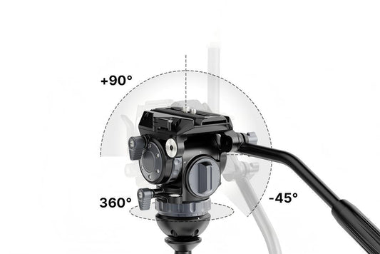 Hydraulic ball head with +90° to -45° tilt and 360° pan rotation for precise camera control