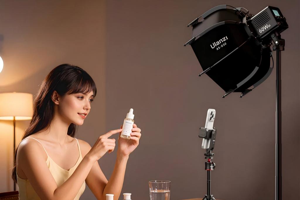 A woman demonstrating a skincare product under professional video lighting.
