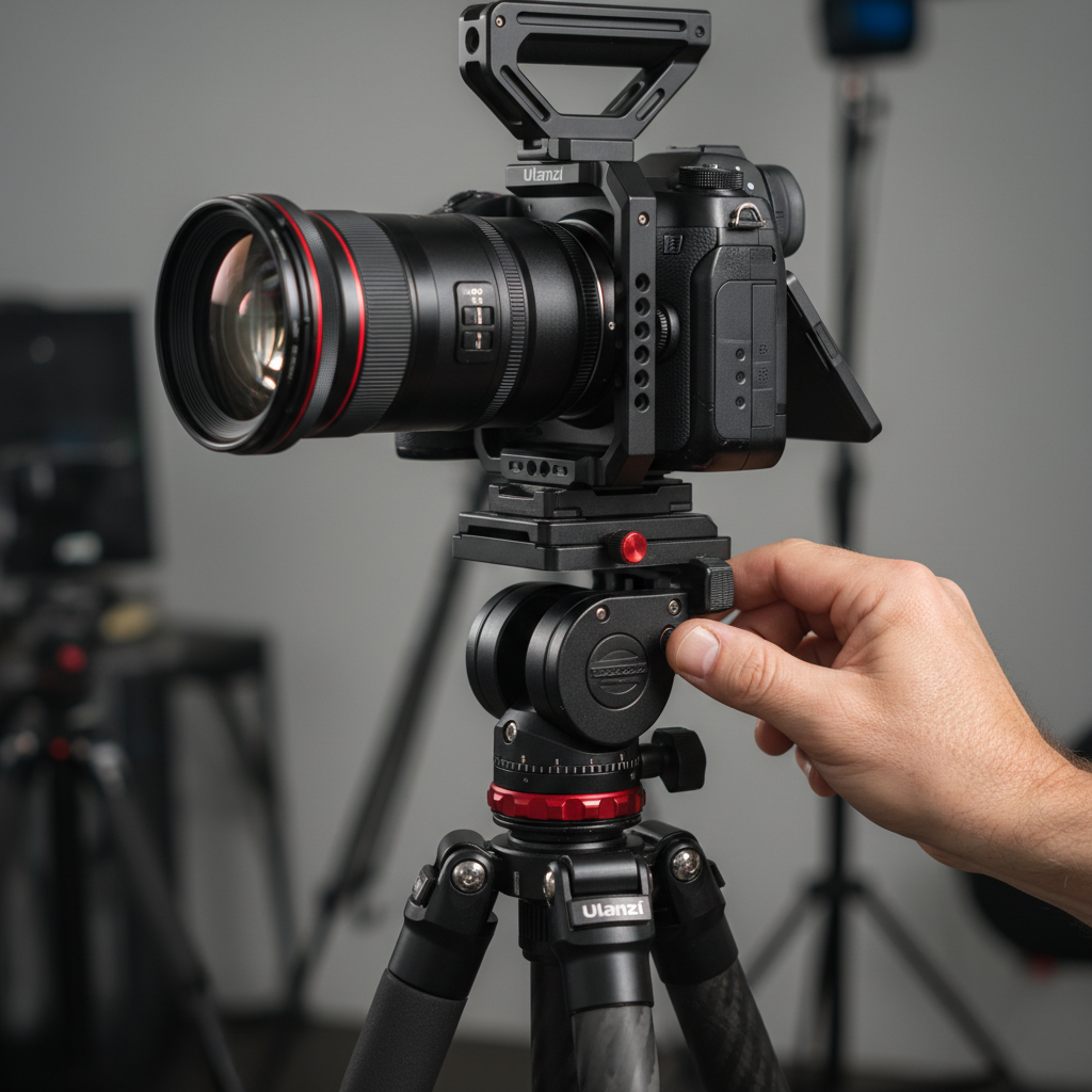 A hand adjusting a fluid head on a carbon fiber tripod with a caged camera setup.