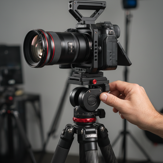 A hand adjusting a fluid head on a carbon fiber tripod with a caged camera setup.