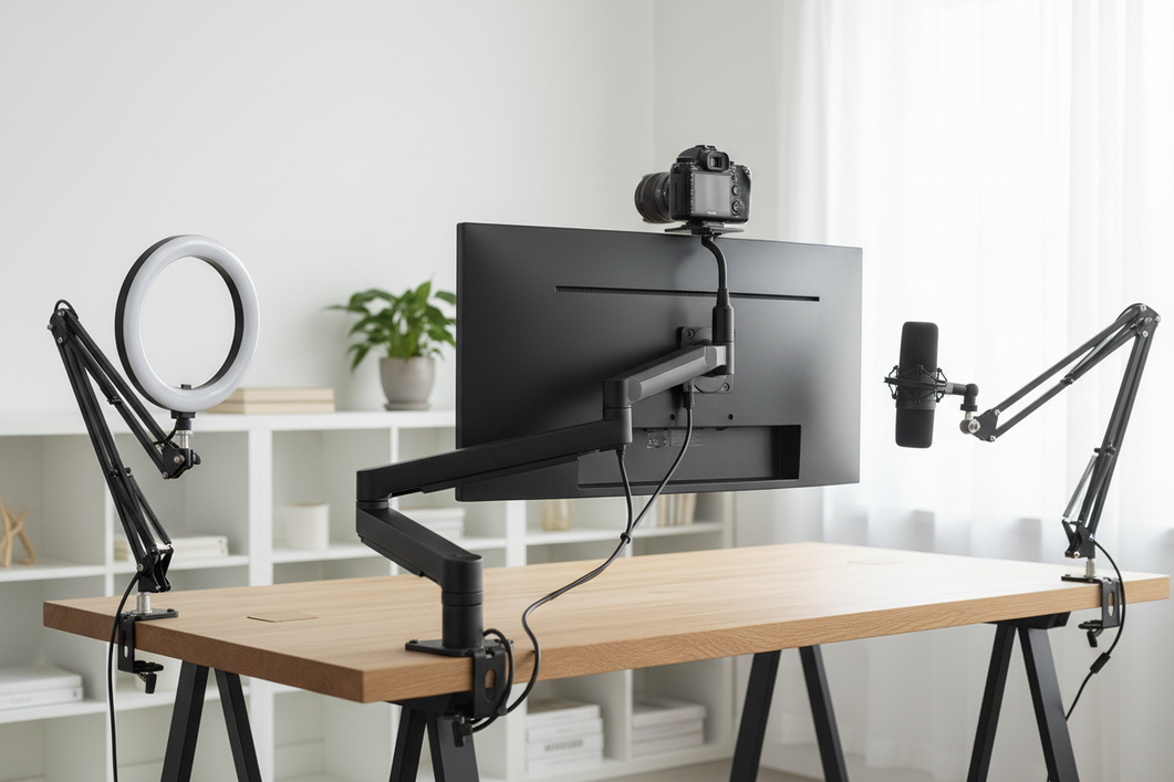 A heavy creator desk setup with a monitor arm, camera, light, microphone, and careful cable management on a stable workstation.