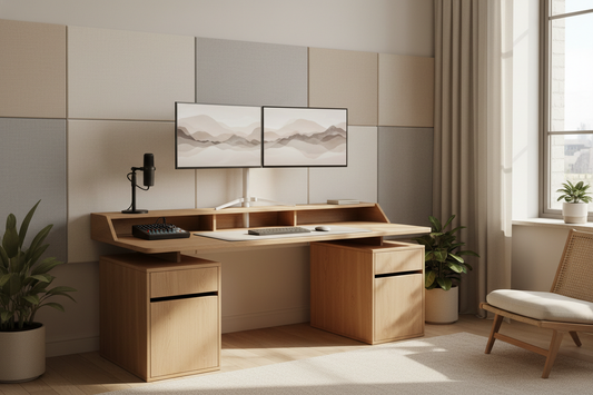 Minimal creator desk with integrated acoustic treatment and a calm studio aesthetic