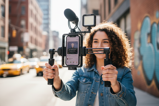 Creator holding a vertical smartphone rig with a microphone and compact light attached for social-first video.