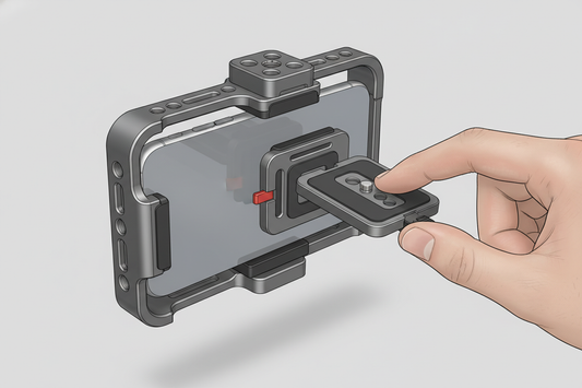 A phone or camera cage paired with a quick-release plate system, shown as a clear product concept for faster mounting and removal.