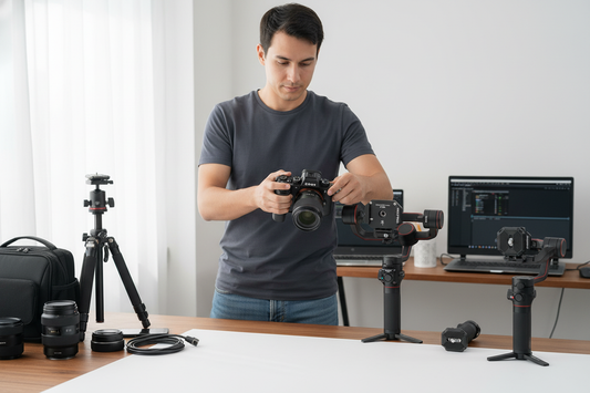Creator switching a camera between tripod, gimbal, and handheld quick-release mounts in a tidy studio workflow