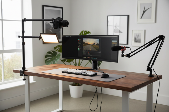 Using Monitor Arms for Camera and Light Mounting