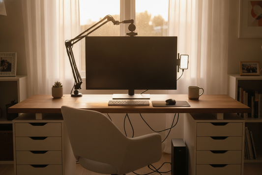 A compact creator desk studio with monitor, camera support, cable management, and room for phased upgrades.