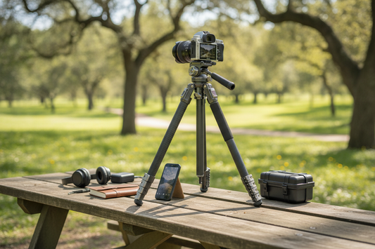 Hybrid tripod setup with a mirrorless camera and a smartphone mounted for location shooting