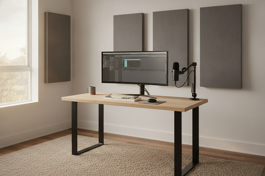 Clean creator desk with acoustic panels placed near side reflections and a simple streaming setup