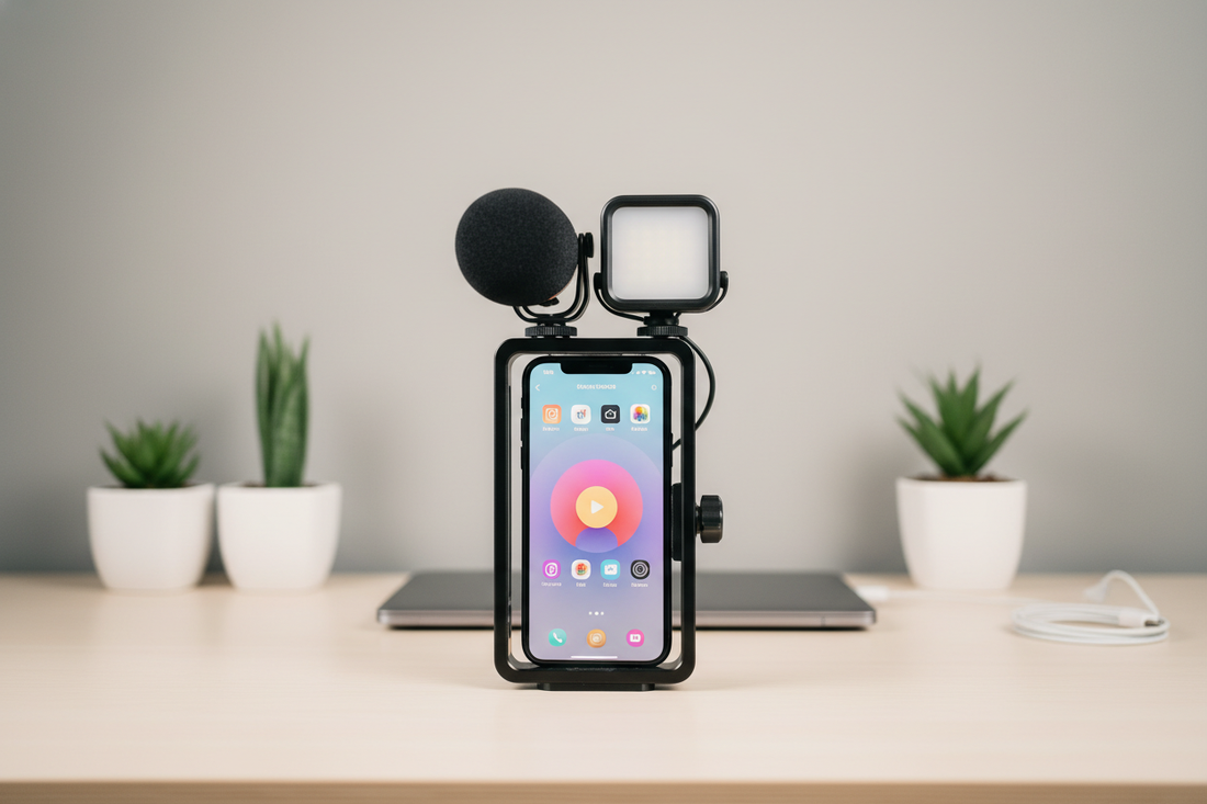 Smartphone in a vertical cage rig with a small light and microphone attached