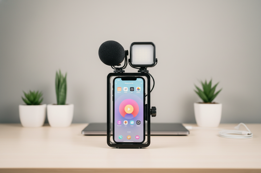 Smartphone in a vertical cage rig with a small light and microphone attached