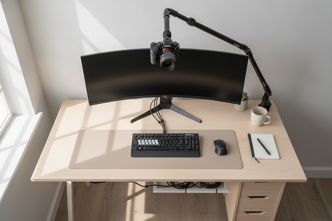 Creator desk with a monitor arm mounted overhead for camera filming