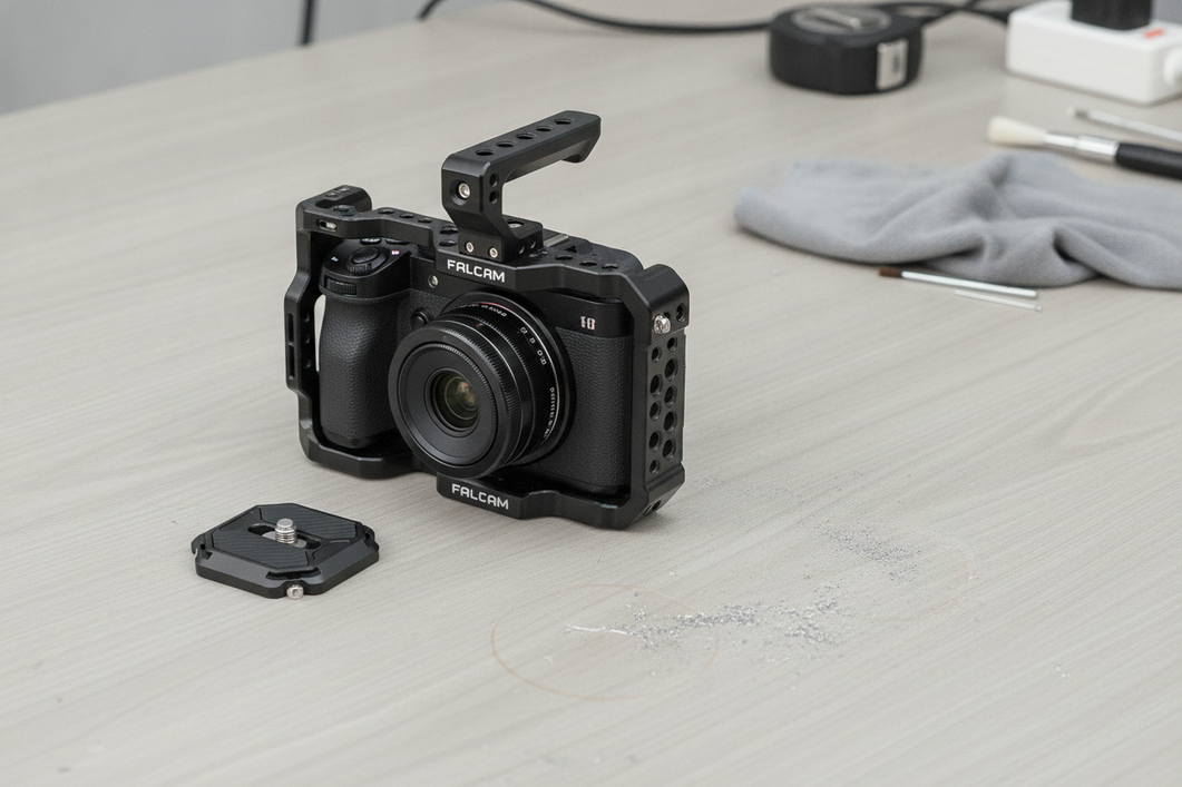 A clean FALCAM quick-release plate beside a camera rig on a workbench