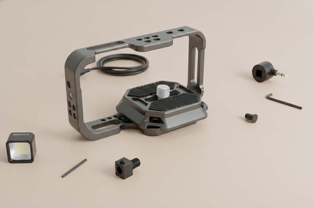 Compact phone cage with a quick-release plate attached for faster rig swaps