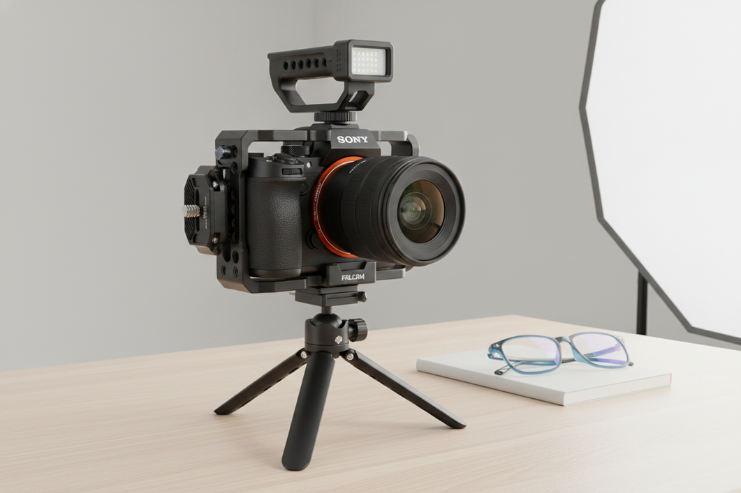Camera quick-release mount on a rig with a lens attached
