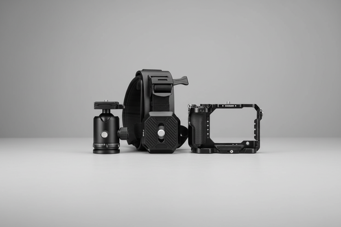 Falcam F38 compatibility guide with camera quick-release plates, tripod head, cage, and backpack clip setup