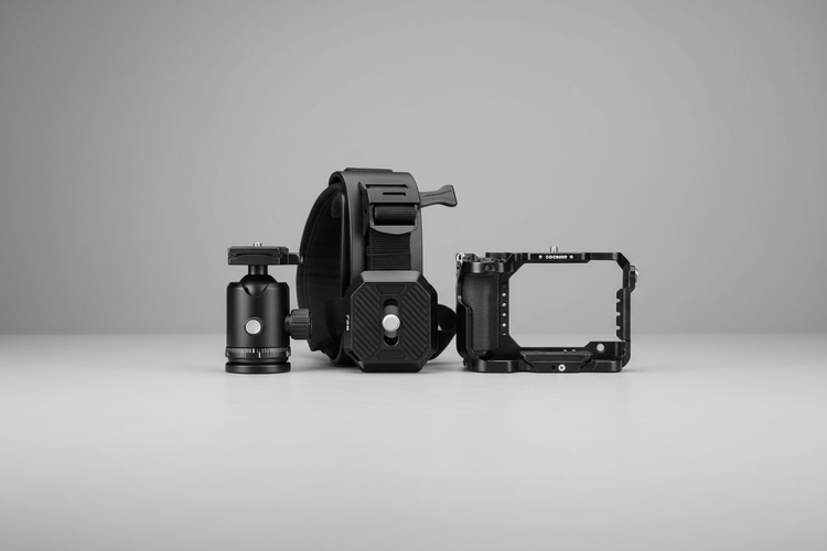 Falcam F38 compatibility guide with camera quick-release plates, tripod head, cage, and backpack clip setup