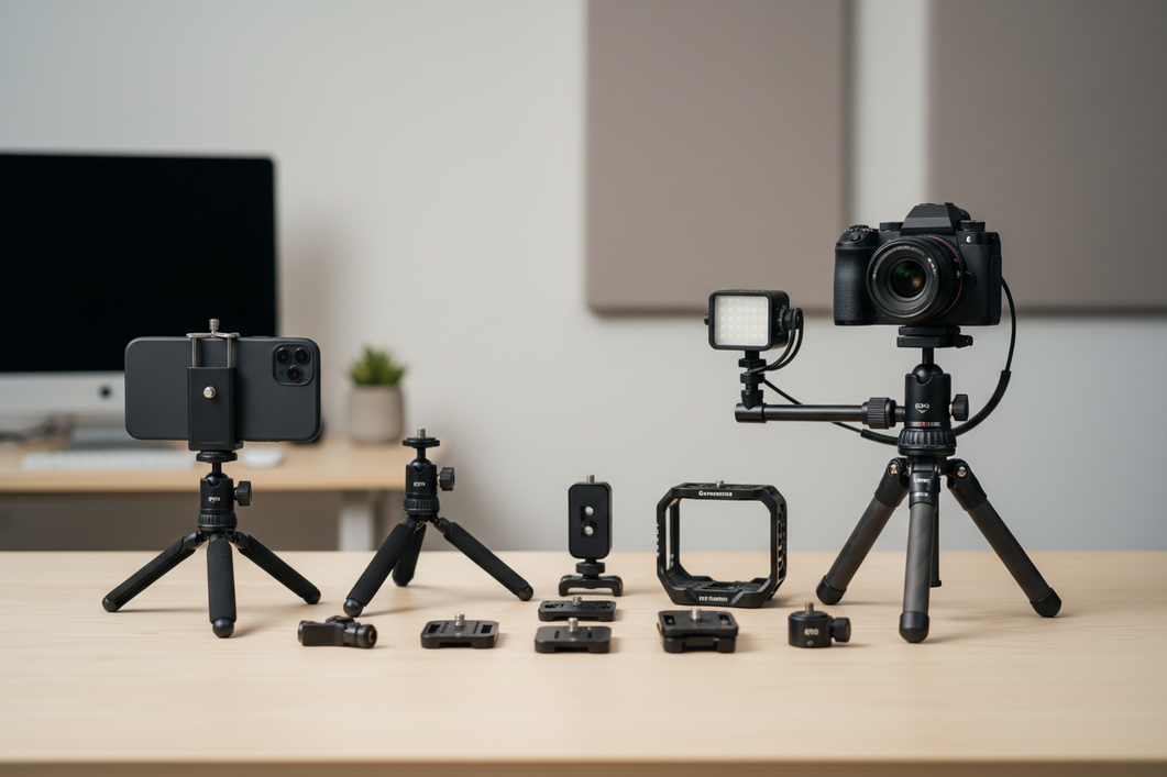 Creator camera rig with phone and mirrorless support gear on a desk