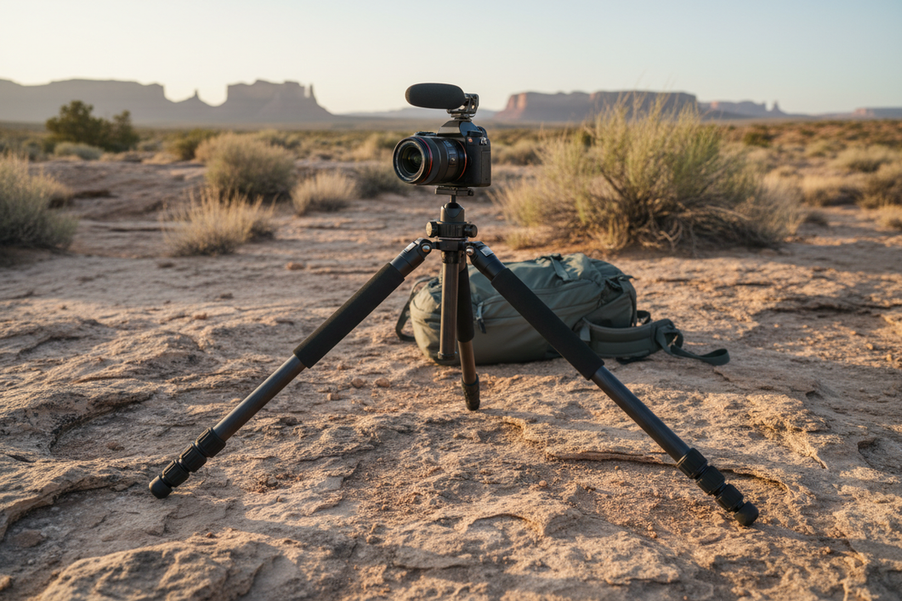 Travel tripod set up outdoors on uneven ground with the center column lowered and legs spread wide in breezy conditions