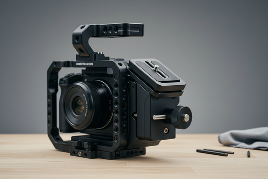 F38 quick-release plate and matching base on a camera rig, shown in a clean studio setting for general inspection and maintenance.