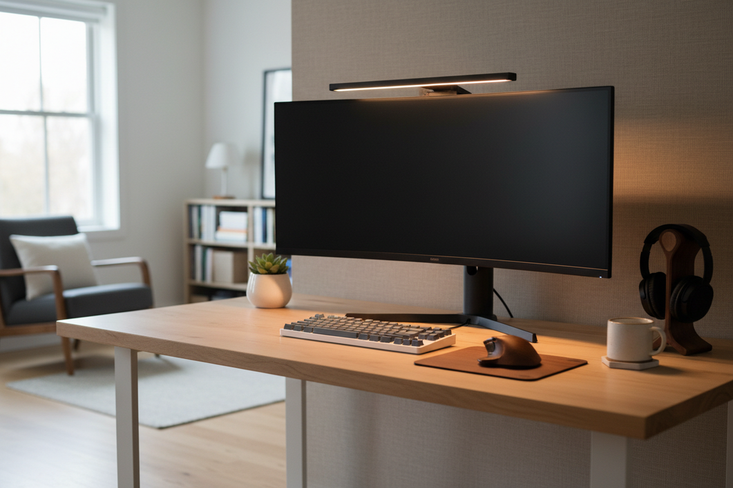 Compact creator desk setup with a monitor light bar above the screen, soft even light on the keyboard, and no glare on the display