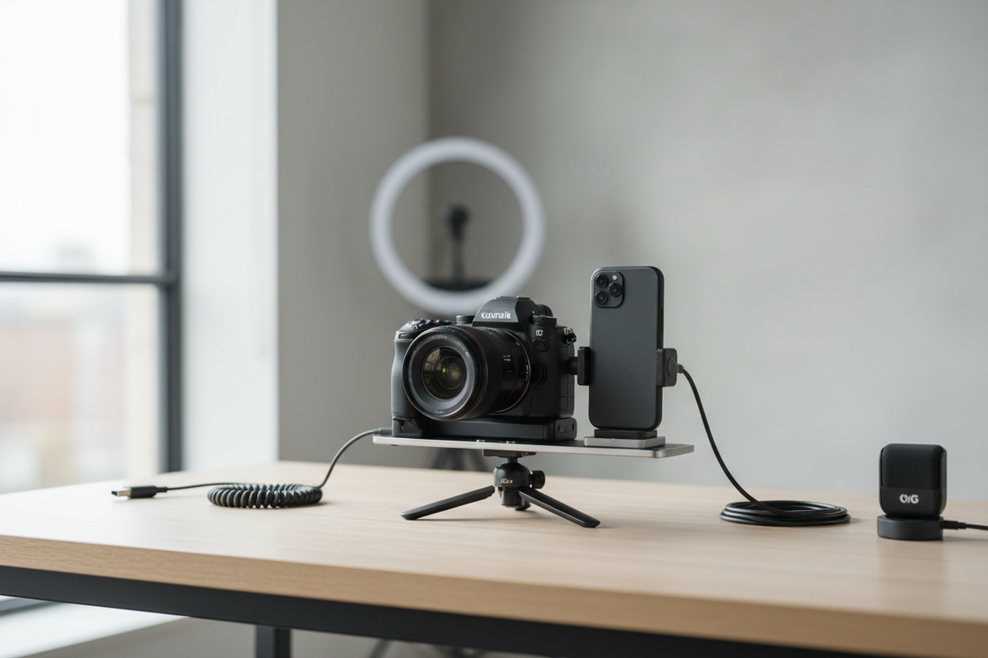 Hybrid phone and mirrorless camera rig with a centered quick-release base shown as a clean editorial hero setup