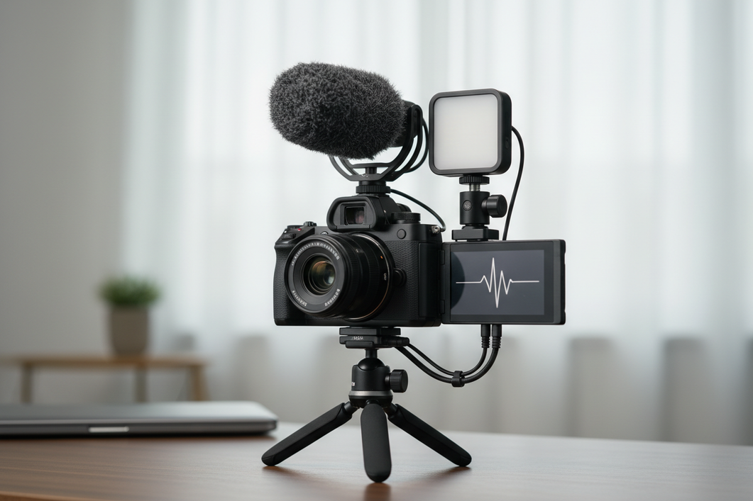 Compact camera rig with a small monitor, microphone, and light mounted close together for a creator setup