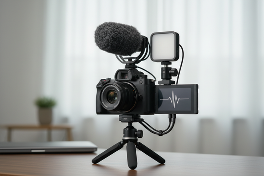Compact camera rig with a small monitor, microphone, and light mounted close together for a creator setup
