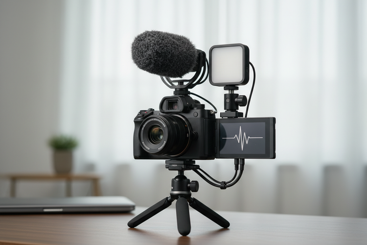 Compact camera rig with a small monitor, microphone, and light mounted close together for a creator setup